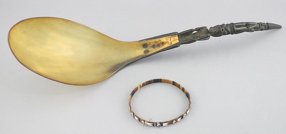 Northwest Coast Horn Spoon (13"L), (restoration noted) with Quill Bracelet. (1 of 6)