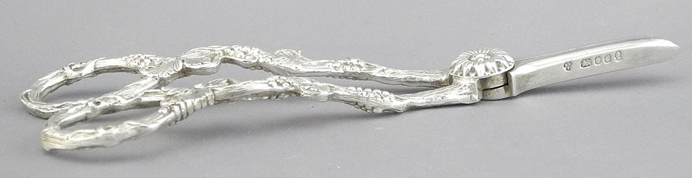 Pair of Victorian Hallmarked Silver Grape Shears, London 1818, 6 1/2"L, 93g. (1 of 6)