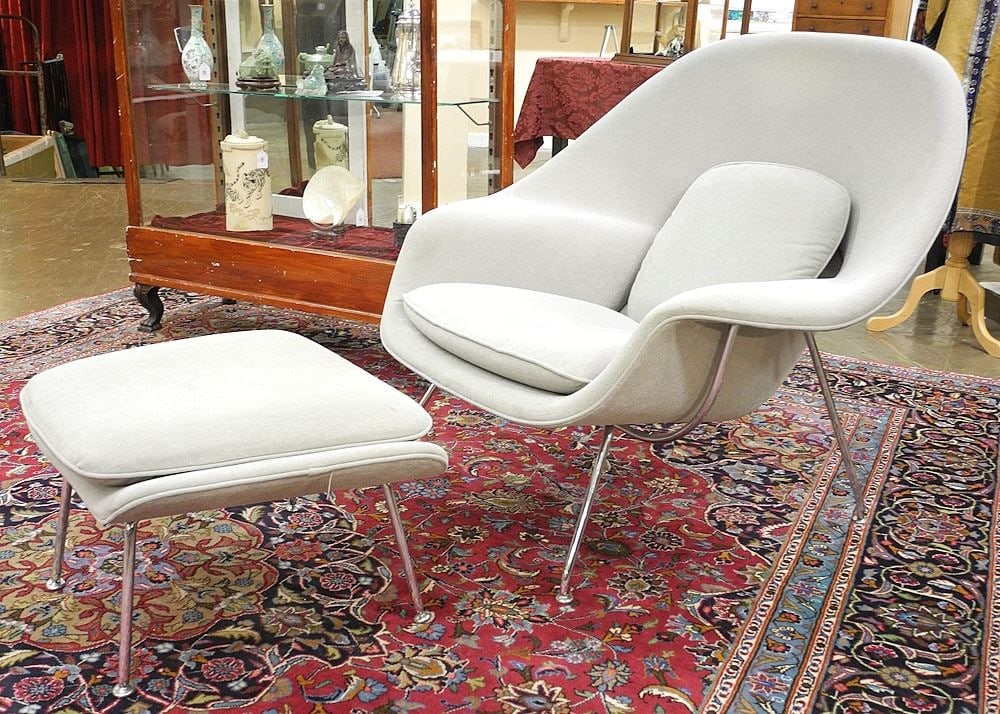 Knoll Womb Chair & Ottoman, Both signed, Design: Eero Saarinen.: Knoll Womb Chair & Ottoman, Both signed, Design: Eero Saarinen.