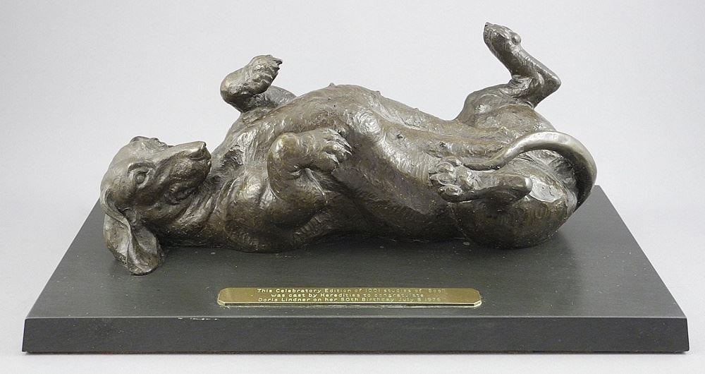 Cold Cast Bronze Sculpture signed Doris Lindner, 4 1/4" x 10 1/2" x 4 7/8", "The Dachshund..." (1 of 11)