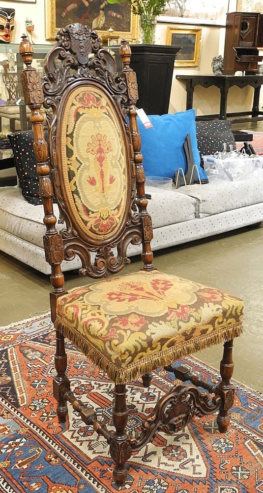 17th C.-Style Carved Walnut High Back Chair, 51"h. (1 of 4)