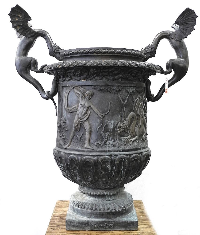 Copper Alloy Neoclassical Urn signed Moreau-Vauthier, 37"h x 34" Wing to Wing. (1 of 15)