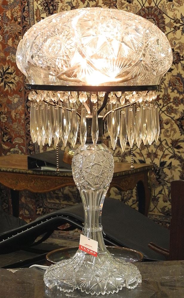 C. 1900 Brilliant Cut Crystal Domed Table Lamp with Droplet Rim, 21 1/2" h. (1 of 5)