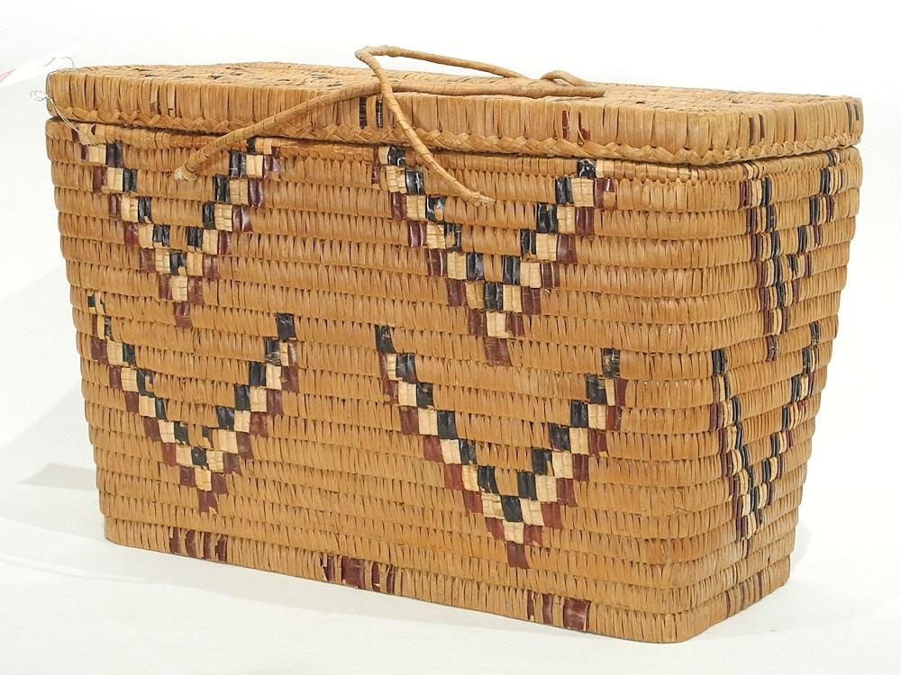 Salish Imbricated Covered Basket Handles Intact, 11" x 16 3/4" x 9 5/8". (1 of 5)
