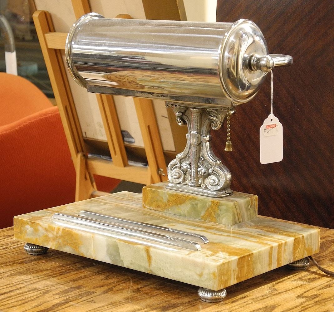 Art Deco Onyx & Chrome Desk Lamp, 10" x 11" x 7". (1 of 4)