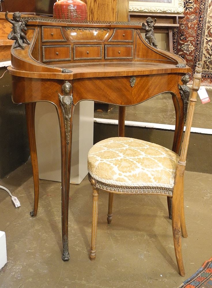 Louis XV-Style Bronze Mounted Tablea Ecrine with Louis XVI Chair.: Louis XV-Style Bronze Mounted Tablea Ecrine with Louis XVI Chair.