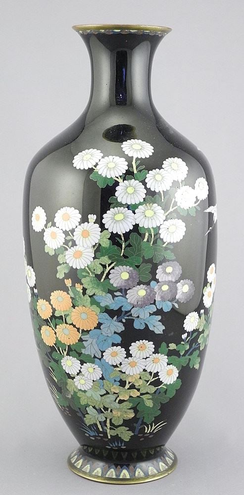 Japanese Cloisonne "Cranes & Chrysanthemum" Vase, 11 7/8"h. (1 of 6)