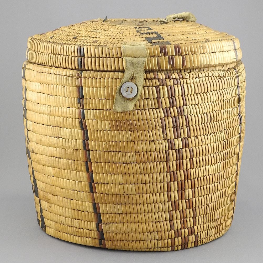 Salish Imbricated Covered Basket with Hide, Feathers & Button Closure (1 of 8)