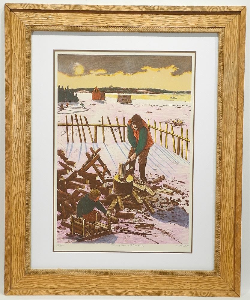 Lithograph signed W. (William) Kurelek, 23" x 16", "Evening Chore in the Maritimes". (1 of 4)