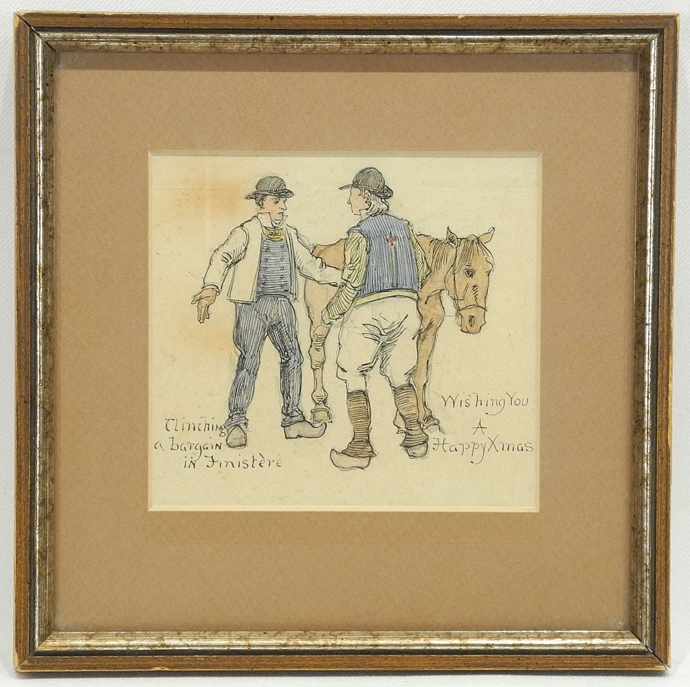 Ink & Colour Christmas Card Attributed to Robert Polhill Bevan, 4 1/8" x 4 1/2".: Ink & Colour Christmas Card Attributed to Robert Polhill Bevan, 4 1/8" x 4 1/2".