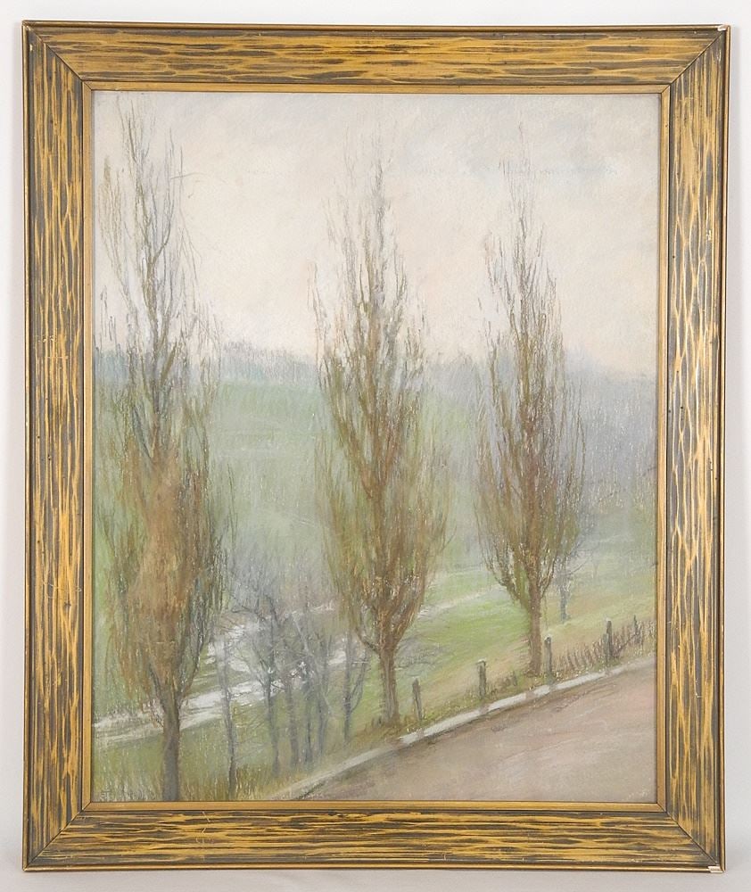 Oil Pastel signed .STS, 20 1/2" x 16 1/2", "Poplar Trees".: Oil Pastel signed .STS, 20 1/2" x 16 1/2", "Poplar Trees".