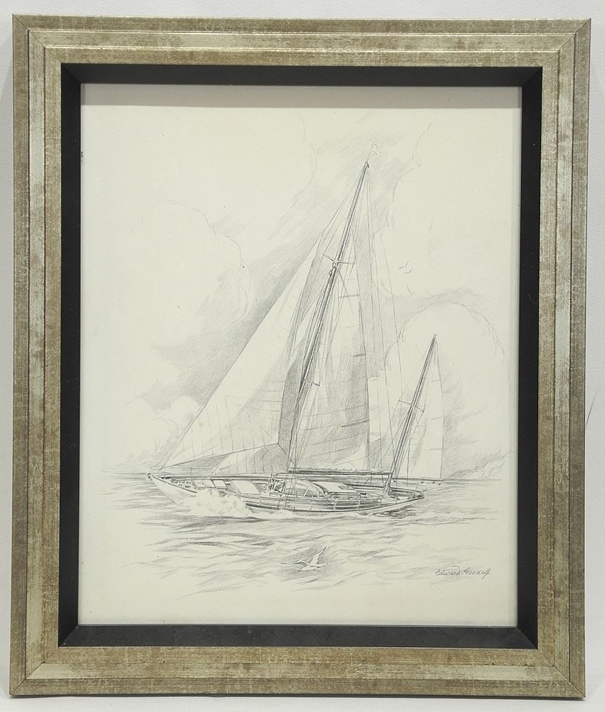 Drawing signed Edward Goodall, 12 1/2" x 10 1/8", "Full Sail".: Drawing signed Edward Goodall, 12 1/2" x 10 1/8", "Full Sail".