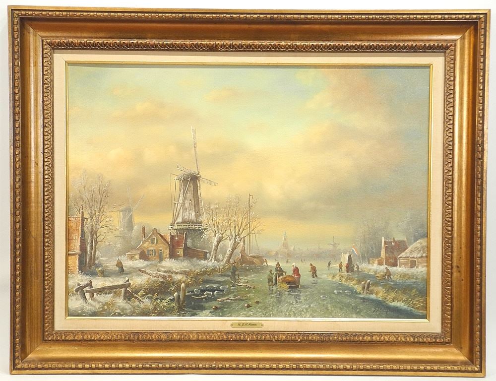 Oil on Canvas signed G.(Ger) J.A. Van Reede, 19 5/8" x 27 1/2", "Dutch Winter Scene". (1 of 6)