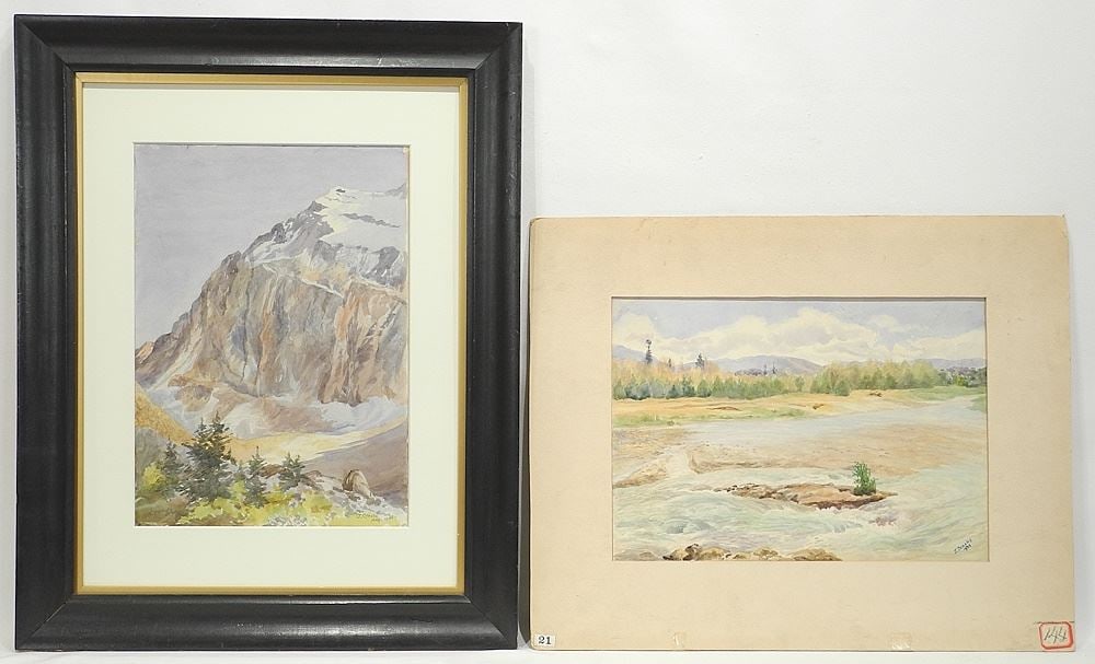 Two Watercolour signed J. (Josephine ) Crease 1930/1936, Larger 14" x 10" , "Cowichan River...". (1 of 6)
