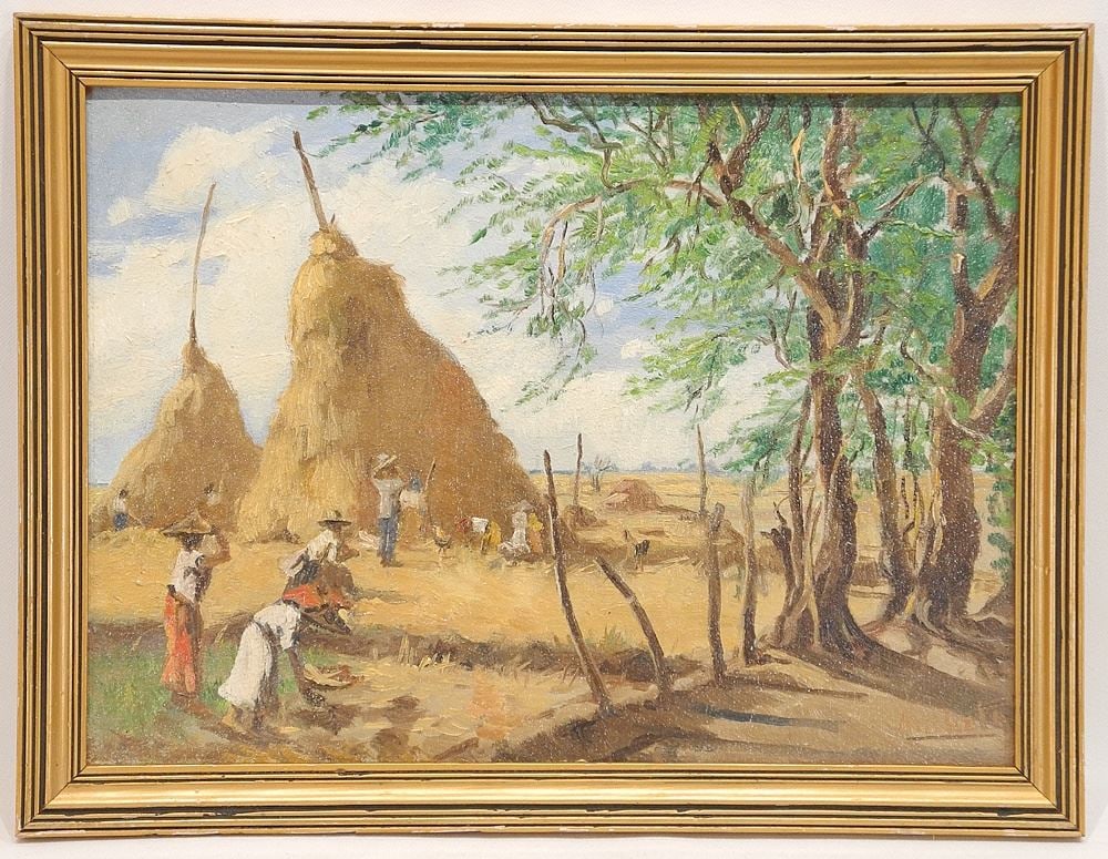 Oil on Board signed Ancheta (Isidro) , 9 1/2" x 13", "Harvest Time". (1 of 4)