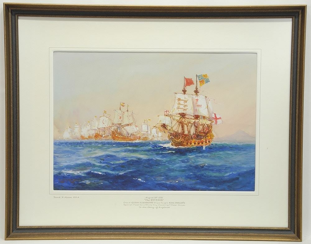 Watercolour signed Frank H. Mason, 14" x 20 1/4", "August 31st 1591, "The Revenge". (1 of 7)