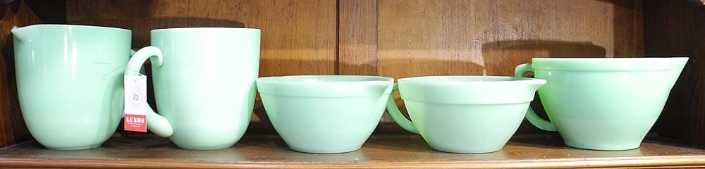 5 Jadeite Glass Pitchers, 2 Marked Fire-King, 4-6 5/8"h. (1 of 1)