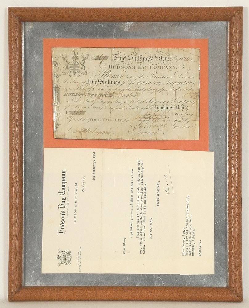 Hudson's Bay Co. 5 Shillings Promissory Note, May 17, 1820 with 1954 Letter, Framed. (1 of 2)