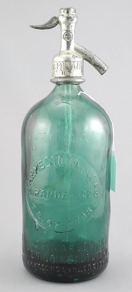 Argentinian Green Glass Soda Syphon, 12"h, "Aarnesto Hnos Cia".: Argentinian Green Glass Soda Syphon, 12"h, "Aarnesto Hnos Cia".