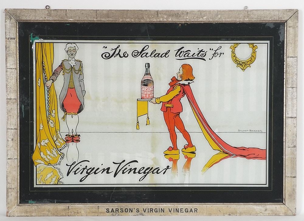 Antique "Sarson's Virgin Vinegar" Advertisement, Design: Stuart-Barker , 21 3/4" x 31 1/2".: Antique "Sarson's Virgin Vinegar" Advertisement, Design: Stuart-Barker , 21 3/4" x 31 1/2".