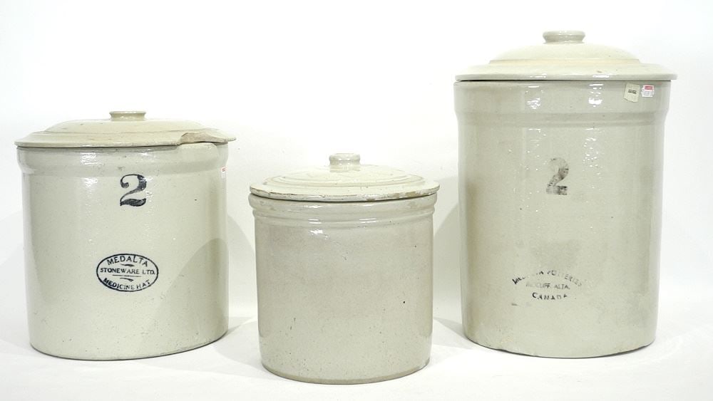 3 Stoneware Crocks:2 Medalla 2 Gallon / Unsigned 1 Gallon, 8 1/2" - 13 3/4"h (as found). (1 of 3)