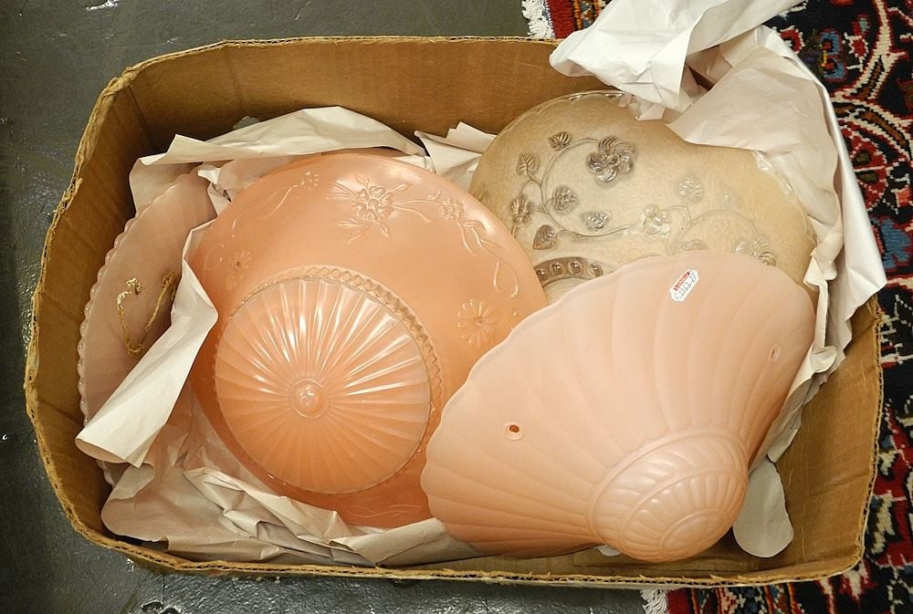 4 Vintage Pink Glass Ceiling Shades, Approximately 10-12" Diameter.: 4 Vintage Pink Glass Ceiling Shades, Approximately 10-12" Diameter.