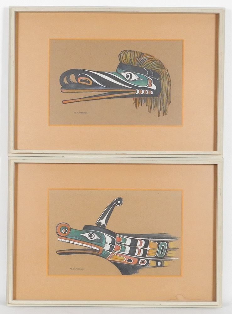 Two Drawings & Gouache on Paper signed M. Cameron, 9 x 14", "Canoe Prow" & "Hok Hok Mask". (1 of 4)