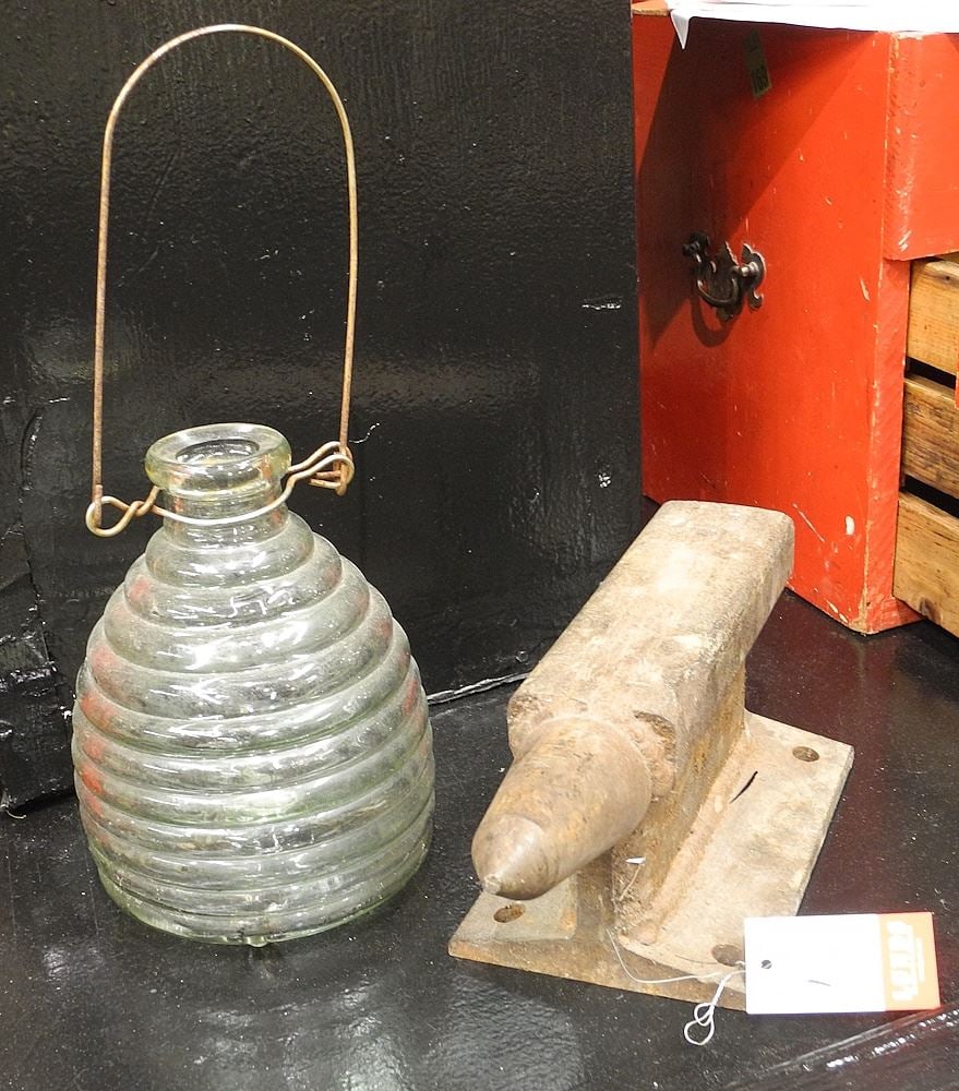 Antique Rail Road Tie Anvil (11 5/8" L) & Glass Wasp Trap.: Antique Rail Road Tie Anvil (11 5/8" L) & Glass Wasp Trap.