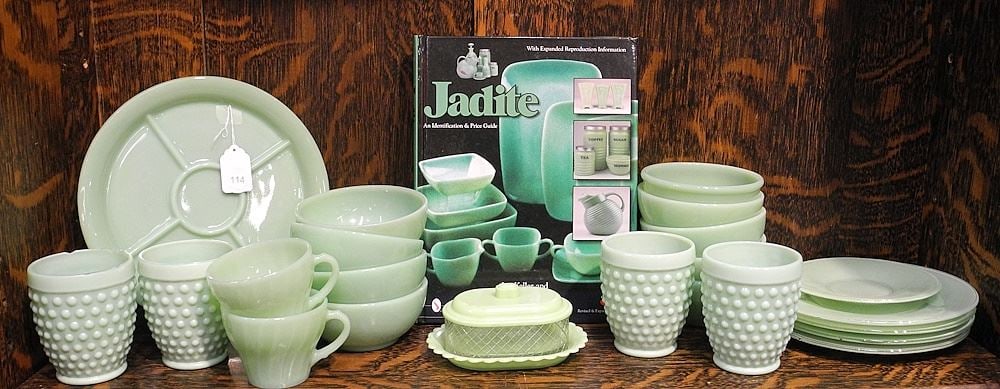 Collection of Jadeite Glass Wares Including Plastic Dish & Reference Book.: Collection of Jadeite Glass Wares Including Plastic Dish & Reference Book.