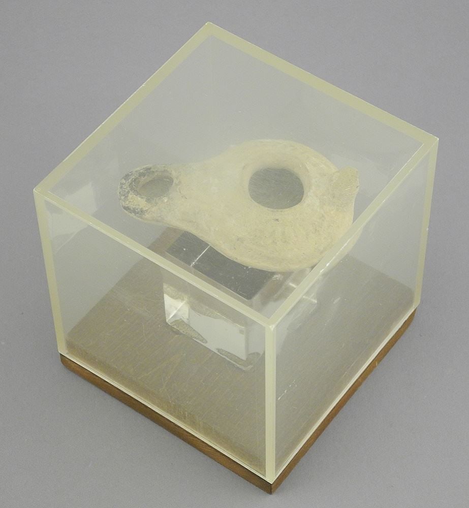 Terracotta Oil Lamp, 50 BC - acquired Israel, 3 1/4" L. with case. (1 of 4)