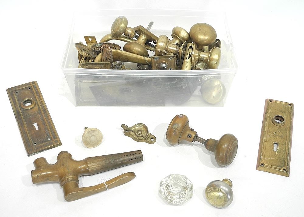 Collection of Antique Brass & Glass Door Hardware / Bronze Spigot, 7 1/2 "L. (1 of 2)