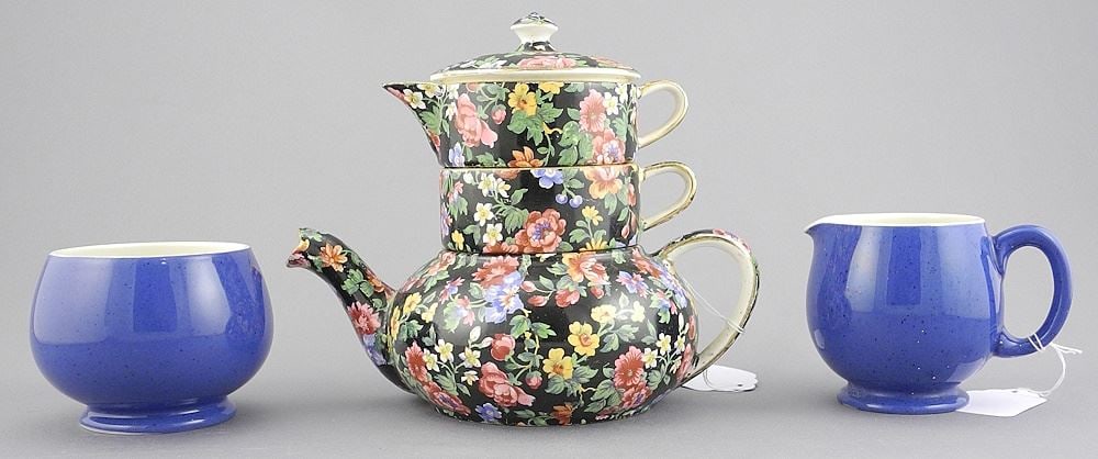 Royal Winton "Esther" Chintz Stacking Tea Pot with Powder Blue Cream & Sugar. (1 of 3)