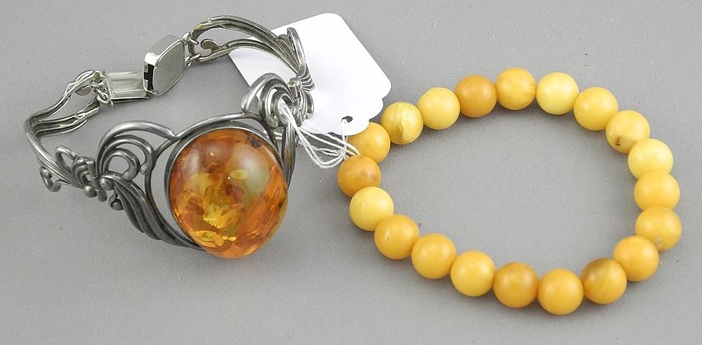 Two Amber Jewelry Items: 10mm Bead Bracelet & Silver Coloured Metal Bracelet with New Clasp. (1 of 1)