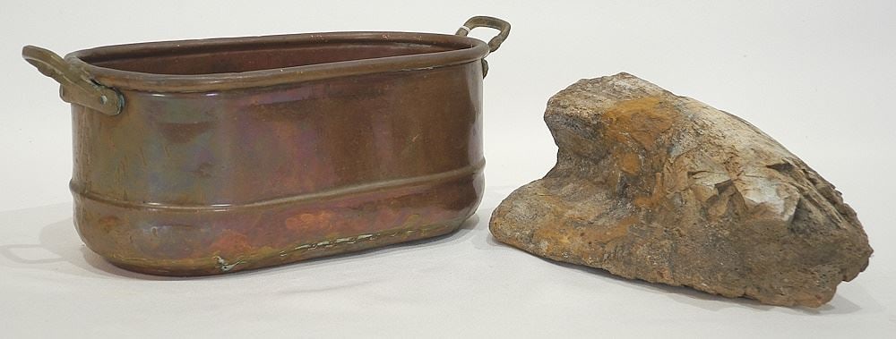 Unidentified Dinosaur Fossil in Copper Pot, 8"L.: Unidentified Dinosaur Fossil in Copper Pot, 8"L.