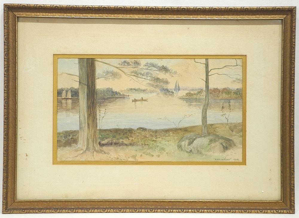 Watercolour signed R.H. Lindsay 1904 , 8 1/4" x 14 7/8", "Boats on the Lake". (1 of 4)