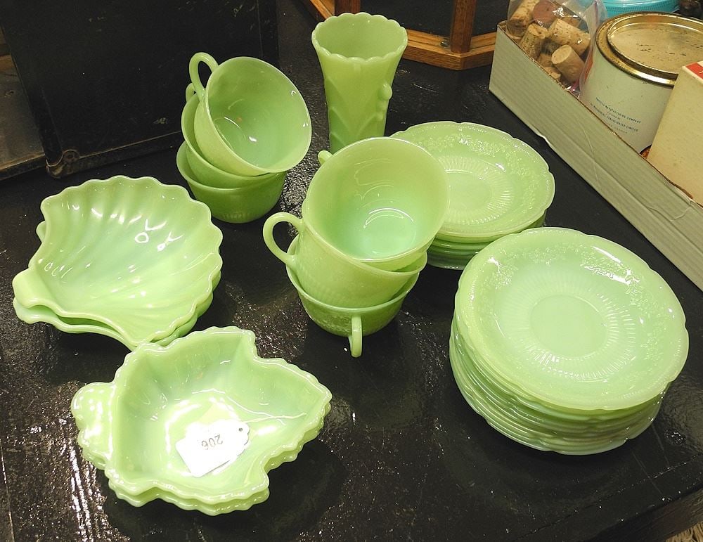 Collectino of Jadeite Glass Floral / Leaf / Shell Pattern Dishes & Saucers.: Collectino of Jadeite Glass Floral / Leaf / Shell Pattern Dishes & Saucers.