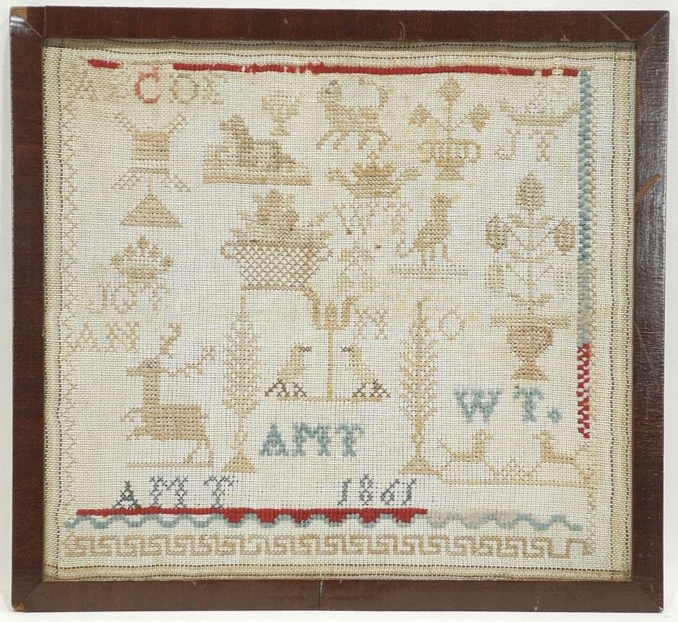 1861 Needlework Sampler, 10 1/2" x 11 1/2". (1 of 2)