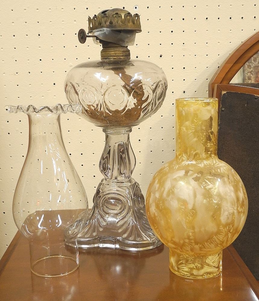 19th C. Antique Oil Lamp & Unique Glass Shades. (1 of 1)