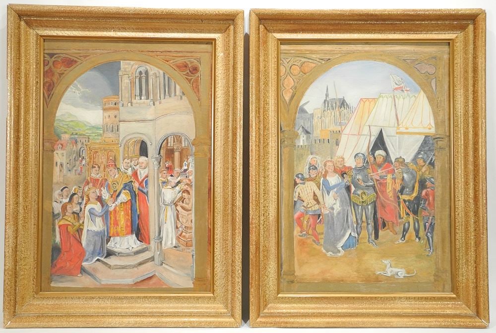 Pair of Unsigned Renaissance Revival Oils on Board, 21 5/8" x 14 3/8". (1 of 3)
