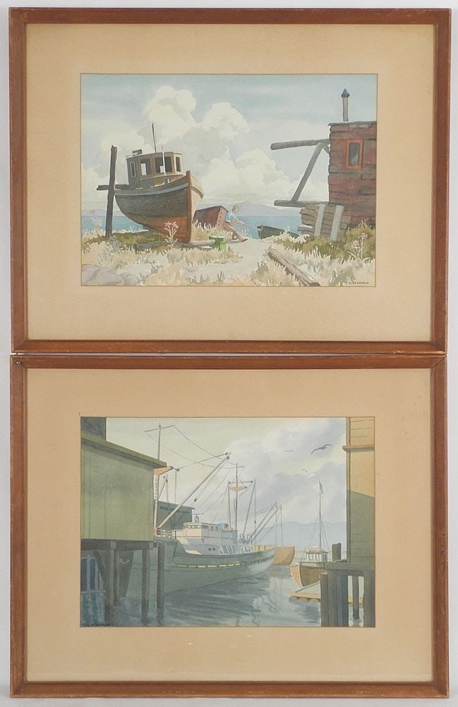 Pair of Watercolour signed N. (Norman) Denkman, 13" x 18 1/4", "Coastal Scene with Old Bo: Pair of Watercolour signed N. (Norman) Denkman, 13" x 18 1/4", "Coastal Scene with Old Bo