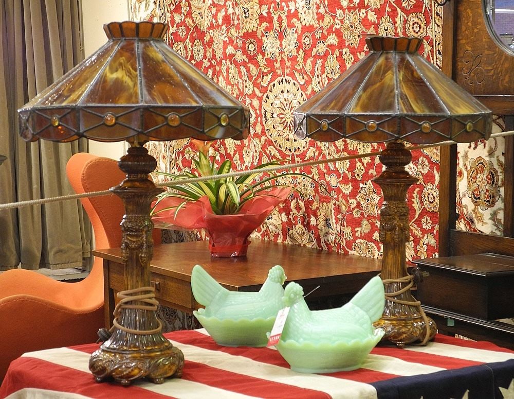 Two Leaded Glass Ceramic Table Lamps , 23"h (one shade noted). (1 of 7)