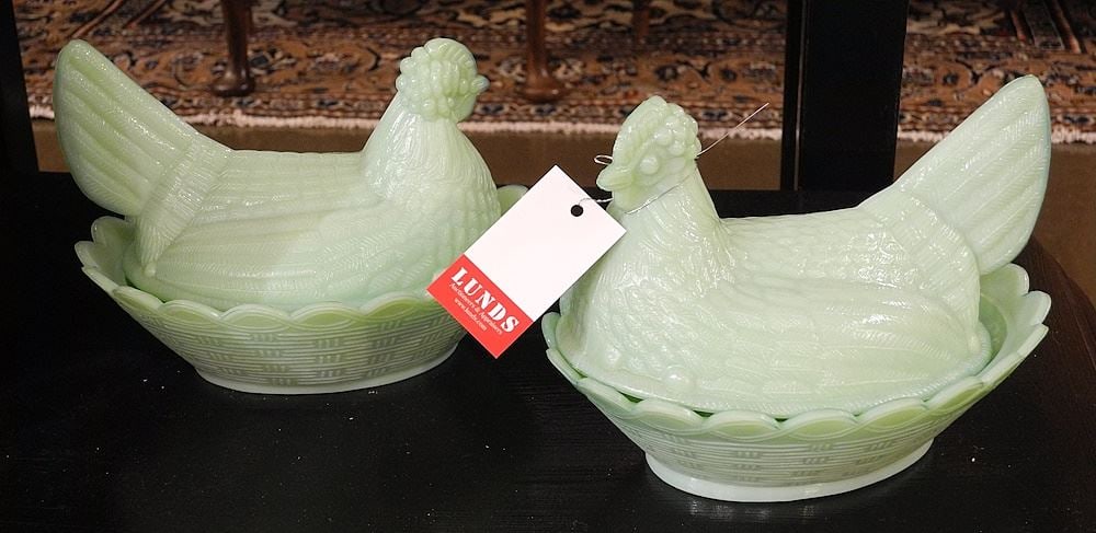 2 Jadeite Glass Chicken on Nest Dishes, 8 3/8"L. (1 of 1)