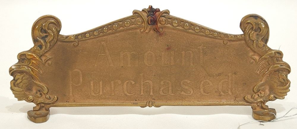 Reproduction Brass "Amount Purchased" Cash Register Top Sign, 10" wide. (1 of 1)
