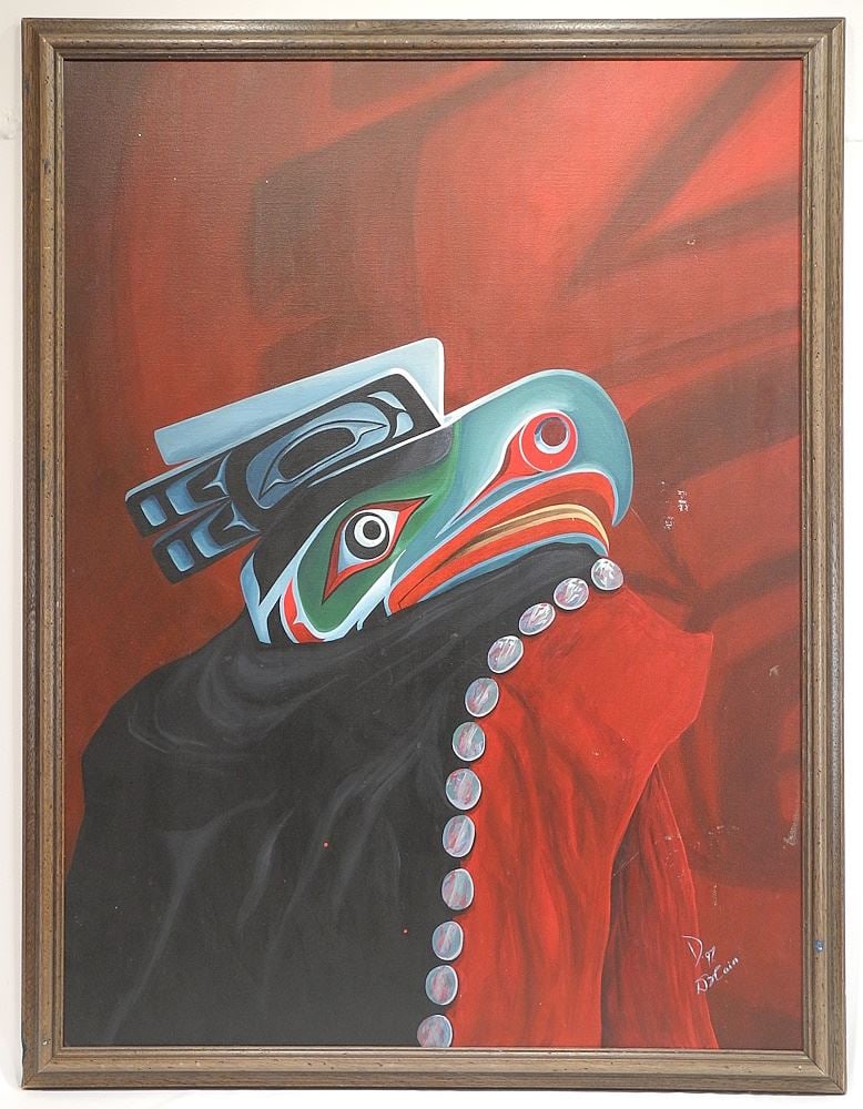 Oil on Canvas signed D. Blain, 40" x 30", "Kwagiulth Mask Composition" (small tear noted).: Oil on Canvas signed D. Blain, 40" x 30", "Kwagiulth Mask Composition" (small tear noted).