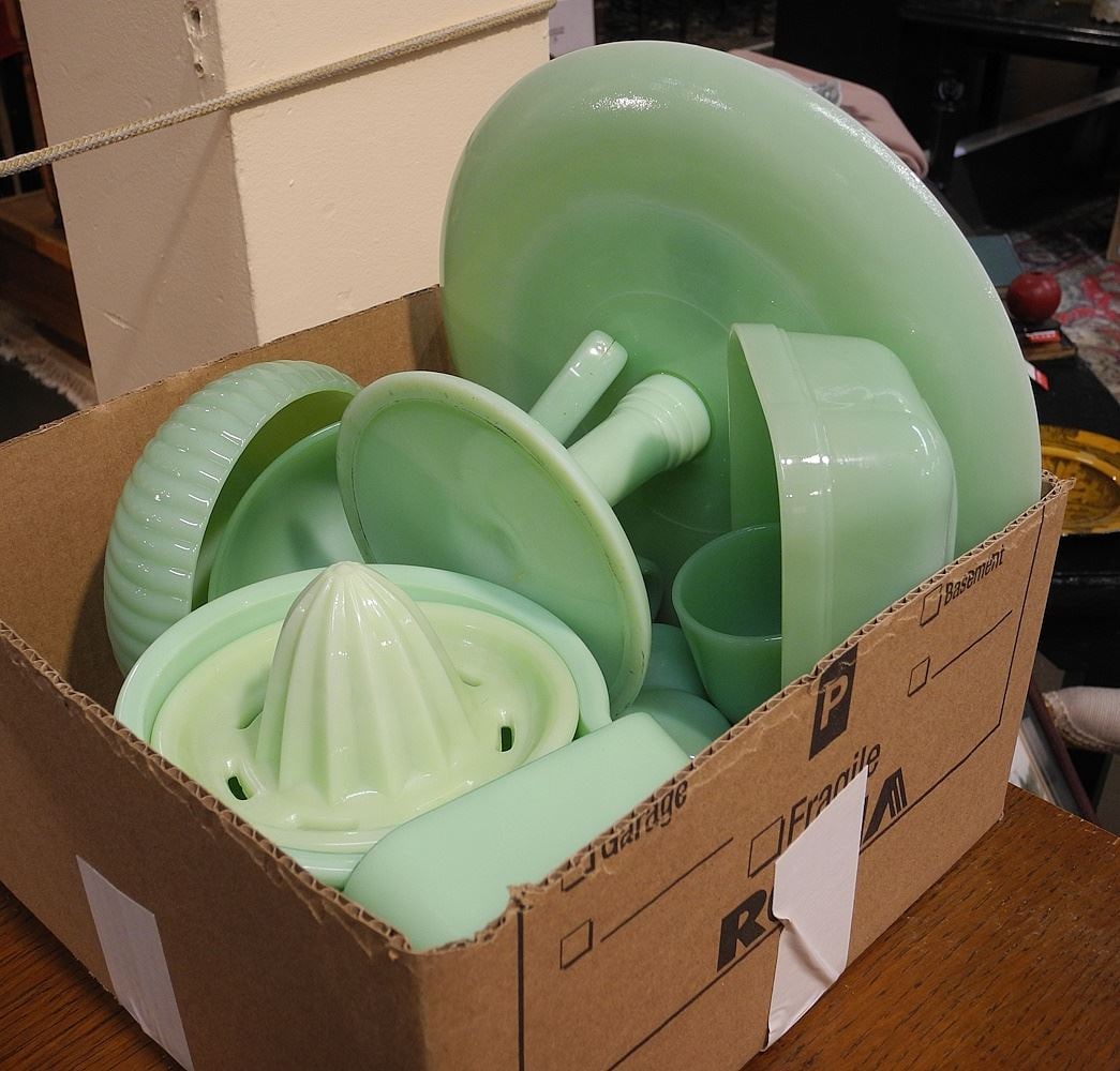 Collection of Jadeite Glass Wares: Cake Plate (5 1/2"h) / Reamer / Server / Bowl / Platter. (1 of 1)