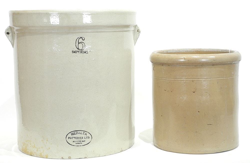 Two Stoneware Crocks: Medalta 6 Gal. & Unmarked 2 Gal., 15 & 10 1/4"h. (1 of 1)