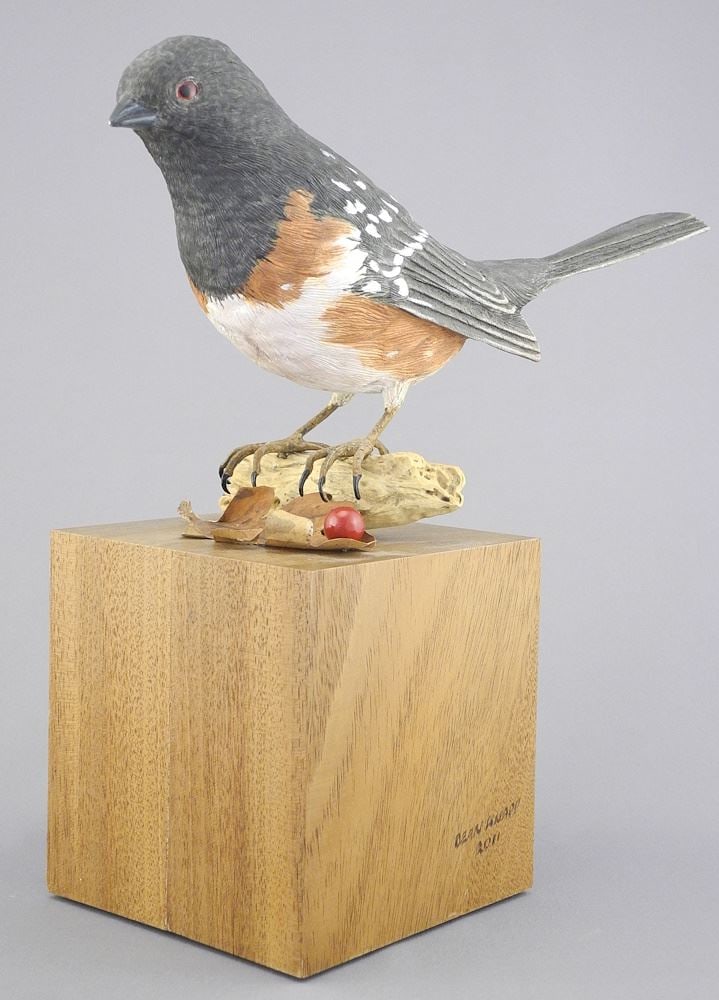 Wood Sculpture signed Dean Knapp 2011, 9 5/8"h, "Rufous Sided Towhee" (chip noted). (1 of 4)