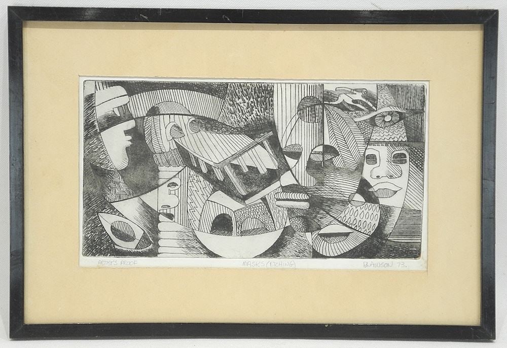 Etching signed P. (Peter) Lawson'73, 5 x 9", "Masks", A/P. (1 of 3)