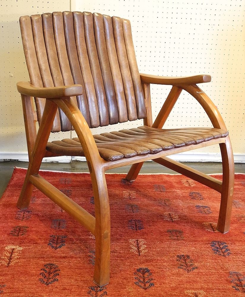Hardwood & Vertical Leather Slat Armchair signed Wallace'82, 31 1/2 x 25 3/4 x 26". (1 of 10)