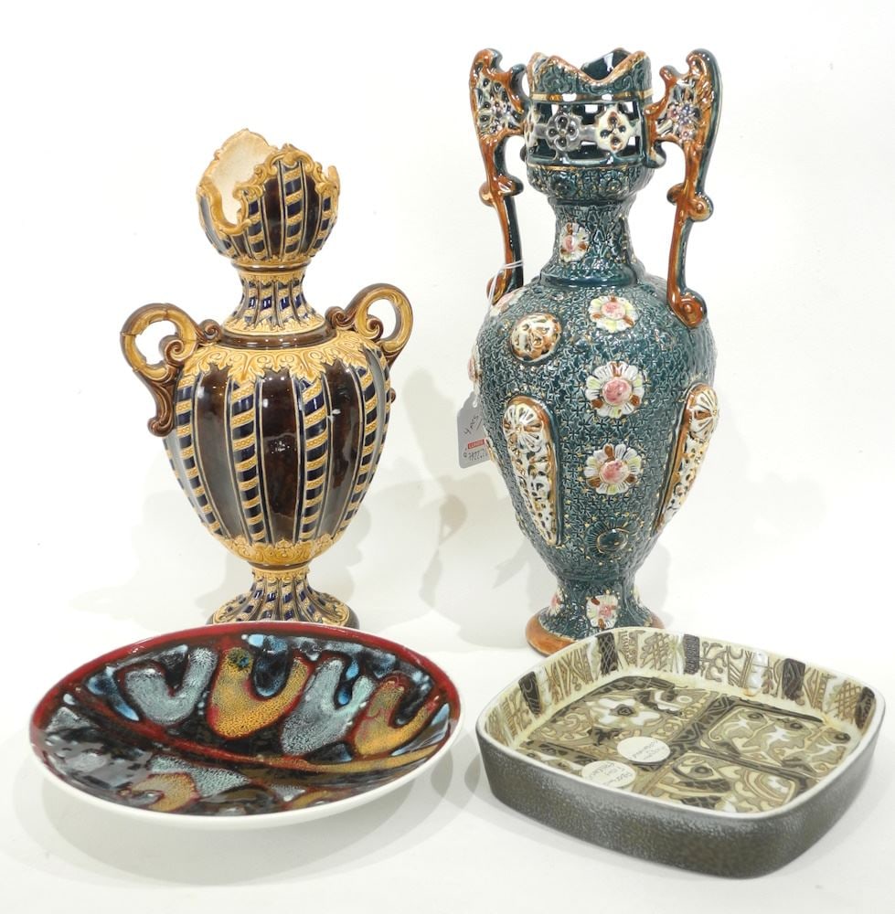 Poole Plate, Royal Copenhagen Dish & 2 Faience Vases, Tallest 13 1/4". (1 of 3)